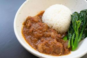 porco assado com arroz. carne de porco vermelha de churrasco assado no estilo de comida asiática de arroz coberto. foto