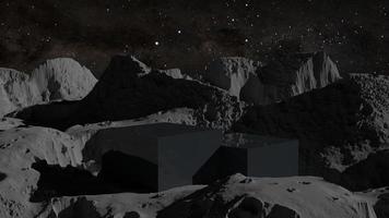 Pedestal preto 3d na superfície da lua com belas estrelas, palco vazio do pódio para exibição do produto foto