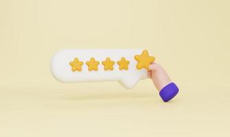 revisão de classificação de clientes cinco estrelas em fundo pastel amarelo. mão segurando a estrela. renderização 3D foto