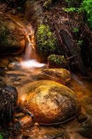 um pequeno riacho na floresta com falésias de arenito e pedras foto