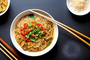 macarrão delicioso. refeição de fast-food com macarrão apetitoso e pauzinhos. foto