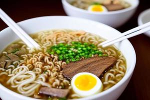 macarrão delicioso. refeição de fast-food com macarrão apetitoso e pauzinhos. foto