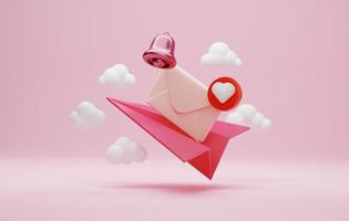 ícone de envelope com amor de mensagem não lida e ícone de sino de notificação com avião de papel no fundo rosa. ilustração 3D, renderização em 3D foto