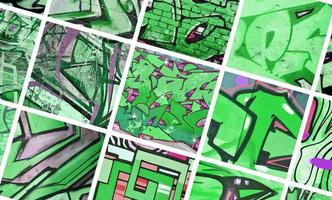 um conjunto de muitos pequenos fragmentos de desenhos de grafite. colagem de fundo abstrato de arte de rua em cores verdes foto