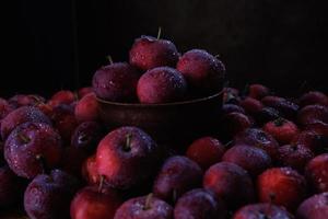 prato cheio de maçãs vermelhas frescas. muitas maçãs maduras na tigela de barro e ao redor. foto