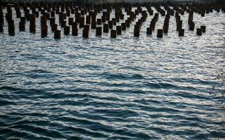 canos de ferro enferrujados no mar formando uma fundação foto
