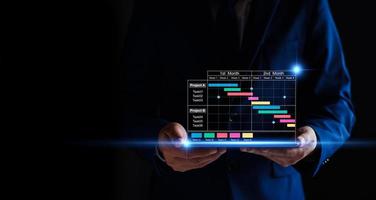 gerente de projeto trabalhando em tablet e atualizando tarefas e planejamento de progresso de marcos com interface de agendamento de gráfico de Gantt para empresa na tela virtual. sistema de gerenciamento de projetos de negócios. foto