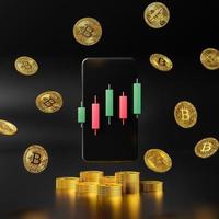 pilha de bitcoin realista com smartphone foto