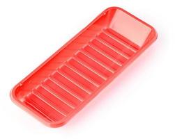 recipiente de comida de talheres de plástico vermelho isolado sobre o fundo branco foto