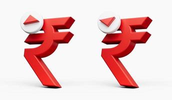 conjunto de ícone de aumento e diminuição do símbolo da rupia indiana. dinheiro ilustração 3d isolada no fundo. foto