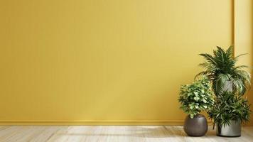 sala vazia de parede amarela com plantas no chão. foto