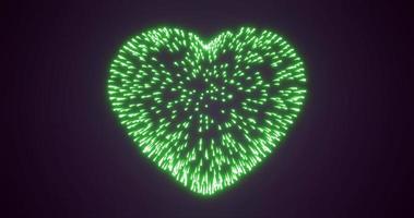 fogos de artifício verdes abstratos fogos de artifício festivos para o dia dos namorados na forma de um coração de partículas brilhantes e linhas de energia mágica. fundo abstrato foto