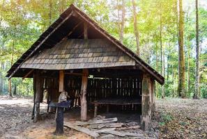 velha aldeia histórica casa de madeira cabana cabana na floresta verde com cercadura de árvore foto