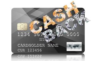 cashback, texto criativo de papel-moeda no fundo de um cartão de crédito bancário. foto