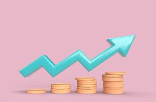 Gráfico de estoque de crescimento realista 3d com ícone de investimento de moedas. impulsos de notícias de ações de negociação. foto