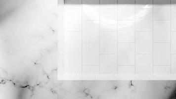 Renderização 3D da sala de cozinha com pódio em azulejo branco. fundo de mármore na parede superior. suporte de produtos de luxo com efeito de luz gobo foto