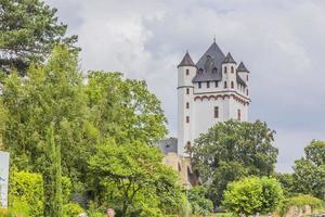 vista na torre do castelo de eltville no rio reno na alemanha no verão foto