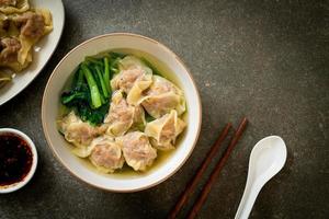 sopa de wonton de porco ou sopa de bolinhos de porco com vegetais foto