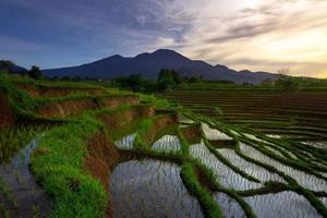 bela vista matinal da Indonésia. campos de arroz em socalcos e montanhas ao nascer do sol