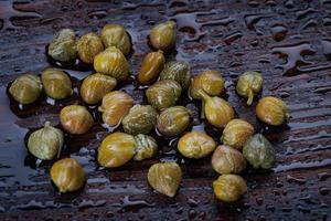 as alcaparras em conserva estão sobre uma tábua de madeira. foto