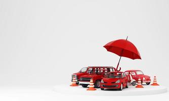 proteção de carro e conceito de garantia de segurança, design de banner de web de seguro de carro. carros automóveis vermelhos sob o guarda-chuva com cone de trânsito isolado no fundo branco. renderização 3d realista de desenhos animados foto