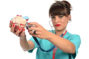 médica segurando o modelo de coração humano aberto foto