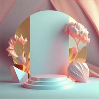 ilustração 3d de pódio de luxo com cor rosa elegante e ornamento de coroa de flores abstratas para exibição de produtos foto