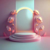 ilustração 3d de pódio de luxo com cor rosa elegante e ornamento de coroa de flores abstratas para exibição de produtos foto