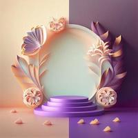 ilustração 3d de pódio de luxo com cor rosa elegante e ornamento de coroa de flores abstratas para exibição de produtos foto