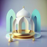 cena islâmica do ramadã com palco de mesquita realista 3d dourado e pódio para apresentação do produto foto