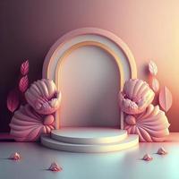 ilustração 3D do pódio com ornamento de coroa de flores abstratas para promoção de produtos de loja foto