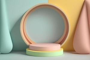 mini palco vazio e círculo de pódio em branco e decoração de cor pastel com estilo de madeira em renderização realista 3d, minimalista simples, limpo foto