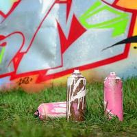 algumas latas de tinta usadas estão no chão perto da parede com uma bela pintura de grafite. arte de rua e conceito de vandalismo foto