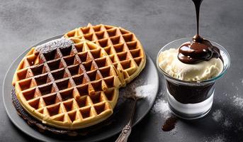 fotografia de comida profissional close-up de um prato de waffles belgas com calda de chocolate e sorvete em um fundo cinza escuro foto