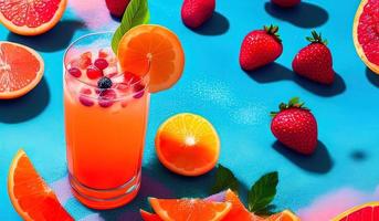 closeup de fotografia de comida profissional de coquetel de verão de frutas tropicais com toranja vermelha, bagas e gelo no fundo azul foto