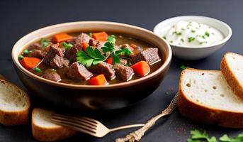 fotografia profissional de comida close-up de uma tigela de ensopado de carne com pão ao lado foto