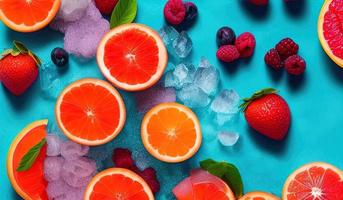 closeup de fotografia de comida profissional de coquetel de verão de frutas tropicais com toranja vermelha, bagas e gelo no fundo azul foto