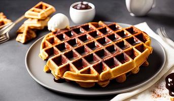 fotografia de comida profissional close-up de um prato de waffles belgas com calda de chocolate e sorvete em um fundo cinza escuro foto