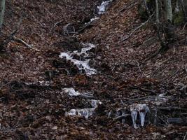 pequeno rio que flui devido ao derretimento da neve formando uma cascata limpa com água fresca cercada por montanha de vegetação foto