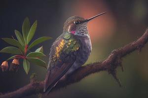 tiro íntimo de um beija-flor empoleirado em um galho de árvore, fundo escuro coloca o foco no pássaro. foto