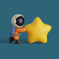 Ilustração 3D de um astronauta fofo empurrando uma grande estrela amarela. projeto de conceito de ciência foto