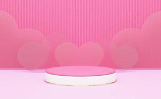 Pódio rosa e branco 3d em fundo rosa, forma de coração translúcido. renderização 3d foto