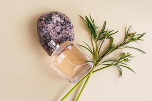 uma linda garrafa de vidro com perfume masculino ou água de toalete fica sobre um granito de pedra sobre um fundo bege com plantas verdes. fragrância de apresentação. foto