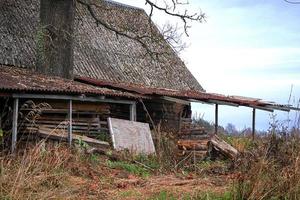 velha casa abandonada resistida com tronco de árvore de carvalho saindo do telhado de ardósia com o céu no fundo foto