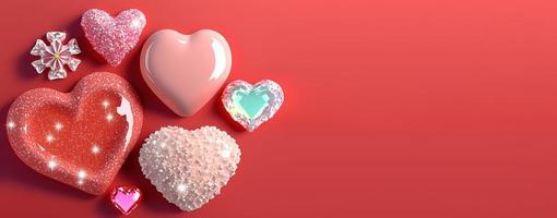 diamante de cristal do dia dos namorados e banner de ilustração de coração 3d foto