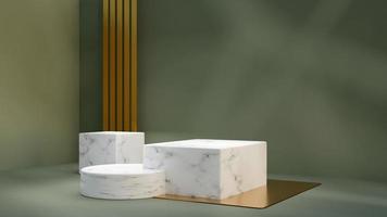 3D render pódio de mármore vazio para exibição do produto em fundo verde dourado. maquete de vitrine de produtos de luxo com luz solar realista foto