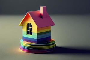 casa colorida em miniatura em moedas de pilha usando como propriedade e conceito financeiro foto