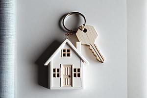conceito imobiliário - chaveiro e chaves em fundo branco de madeira foto
