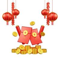 ilustração 3d do ano novo chinês com ornamento para promoção de eventos página de destino de mídia social dinheiro da sorte com lanternas vermelhas e moedas para celebração do ano novo chinês para o ano novo chinês foto