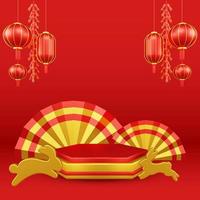 ilustração 3d do ano novo chinês com ornamento para promoção de eventos página de destino de mídia social ventilador chinês com coelho e moedas e lâmpadas de papel asiático foto